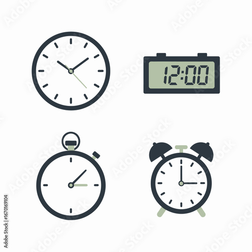 Collection of four distinct timekeeping devices including analog clock stopwatch digital alarm clock and bell alarm clock for concepts of time management vector