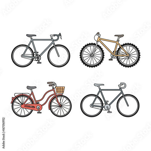 Diverse bicycle collection featuring road bikes mountain bikes and city bikes for active lifestyles and transportation vector