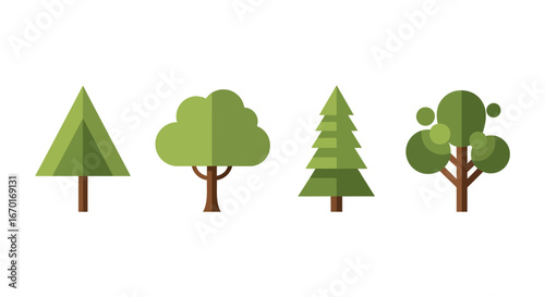 Collection of four stylized geometric trees with green foliage and brown trunks set against a white backdrop vector