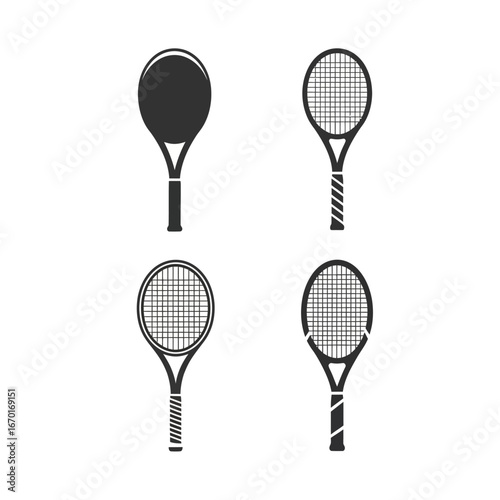 Four distinct tennis rackets with striking contrasts and detailed string patterns ready for action vector