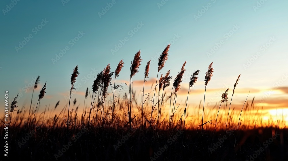 Obraz premium Silhouettes of tall grasses at sunset