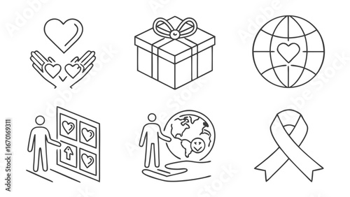 Charity icons donation symbols volunteer work global support gift heart ribbon helping hands care kindness love global community support assistance generosity compassion philanthropy humanitarian aid.