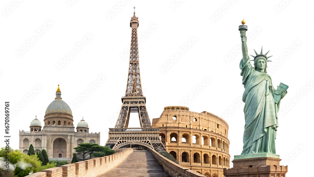 Obraz premium world landmarks and famous monuments photo collage isolated on panoramic white background international travel study and business png file isolated on white background