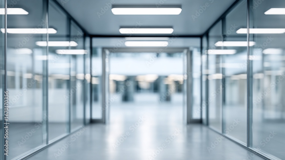 Obraz premium Modern Glass Corridor with Bright Overhead Lighting in Contemporary Office Building
