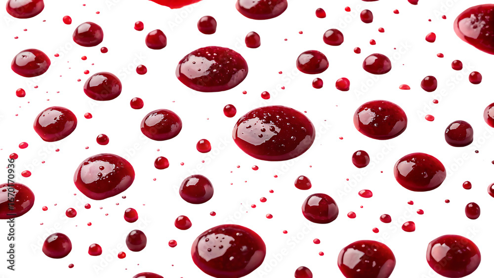 Fototapeta premium drops and stains of red berry jam, sauce top view isolated on transparent background. cranberry jam drops close up isolated on white background