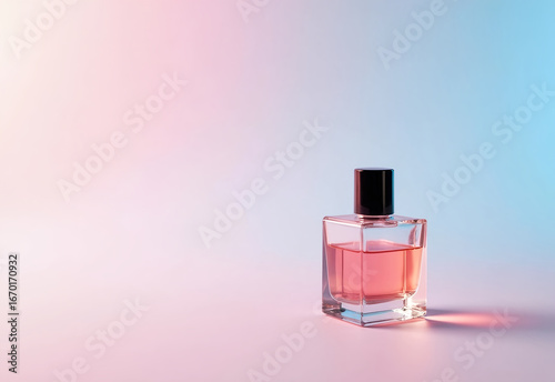 Glass perfume background on a soft pink and blue background