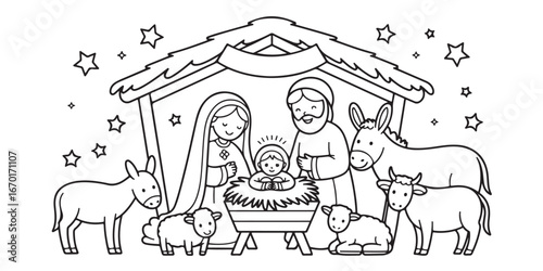 Christmas nativity scene  outline coloring book page line art  silhouette