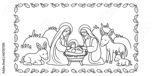 Christmas nativity scene  outline coloring book page line art  silhouette