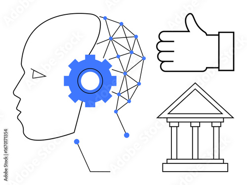 Stylized human head with neural network and gear, thumbs-up gesture, and columned building outline. Ideal for AI development, decision-making, governance, technology progress, institutions, ethics