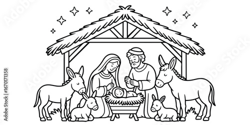 Christmas nativity scene  outline coloring book page line art  silhouette