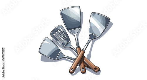 A collection of four different metal kitchen spatulas with wooden handles, illustrated in a clean vector style on a white background.