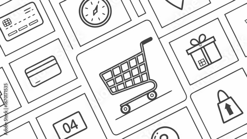 Shopping cart icon with credit cards gifts and other e-commerce related symbols Perfect for online store e-commerce website and mobile app design.