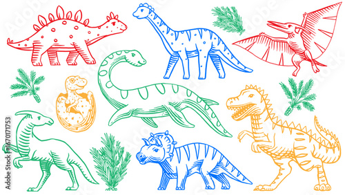 Set of dinosaurs. sketchy Hand drawn illustrations for kids clothes, childish . Tyrannosaurus, pthylodatctyle, brontosaurus.