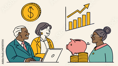 Financial planning investment growth retirement planning financial advisor wealth management money saving piggy bank coins dollar financial success business meeting investment strategy financial secu.