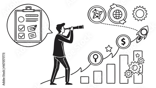 Business planning strategic vision future goals growth chart checklist financial success planning process business strategy market research telescope upward trend progress achievement success ambitio.