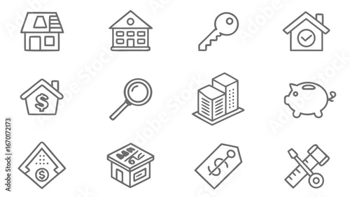 Collection of Real Estate and Property Icons House Building Key Piggy Bank and More.
