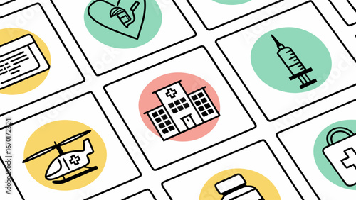 Medical Icons Healthcare Symbols Hospital Clinic Emergency First Aid Kit Healthcare System Medical Illustration Doctor Nurse Patient Treatment Medicine Pharmacy Hospital Building Medical Emergency He.