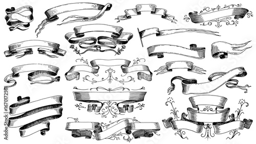 Set of scroll ribbon banners in Barocco style. Hand drawn engraving for your text in vintage traditional technique. For wedding, events, birthday and greetings.