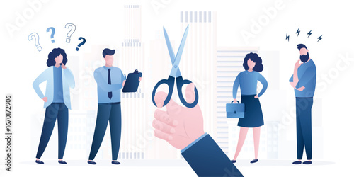 Boss threatens to staff reduction. Hand of businessman uses scissors trying to cut off troublesome human relationships or dismiss employees