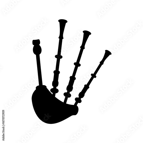 Silhouette of a bagpipe, a traditional Scottish wind instrument, on a white background