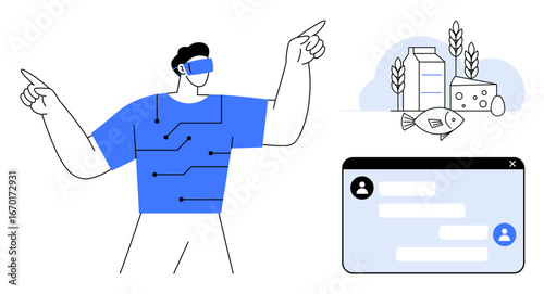 Man wearing VR headset gestures towards interactive elements showing food items thumbs up milk, cheese, and fish beside a digital chat interface. Ideal for technology, communication, virtual