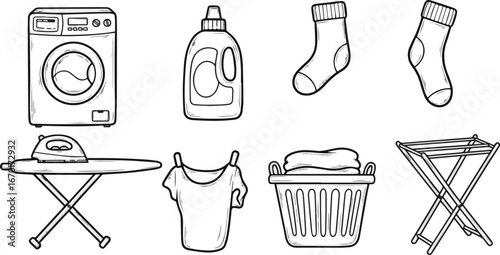  Isolated a Laundry doodle icon set. Cute hand drawn sketch of washing machine, detergent, socks, ironing board, hamper and drying rack. cartoon art for cleaning themes. vector art silhouette .