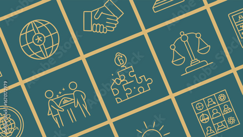 Abstract Grid of Global Business and Teamwork Icons Line Art Style Illustration.