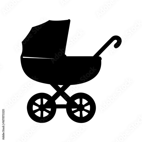 Silhouette of a baby carriage or pram with vintage design and wheels