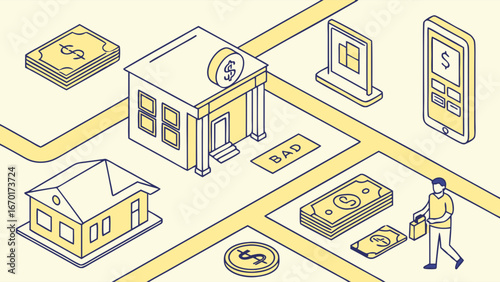 Isometric illustration of financial transactions banking online payments and home ownership.