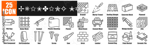 Building material icon pack collection set for Drywall, Mortar Trowel, Roofing Shingle, Concrete Block, Plywood.
