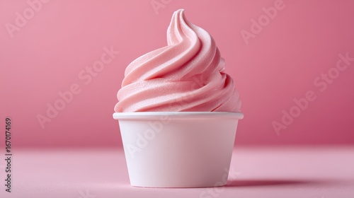 A 4K photo of delicate pink soft serve in a crisp white cup, set against a soft pink backdrop, delicious, yummy.