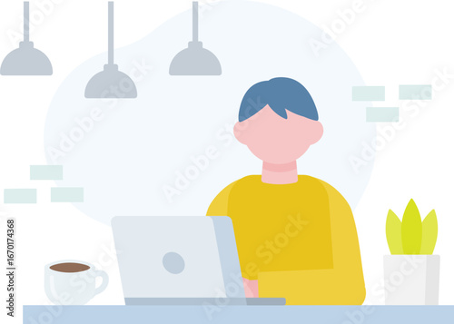 カフェでノートパソコンを操作する男性
