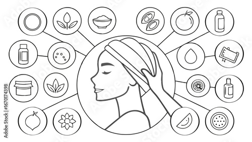 Woman applying hair mask natural beauty ingredients skincare routine illustration.