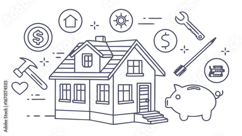 House Finances and Home Improvement Icon Set.