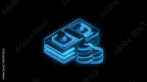 Neon money bag with dollar sign. Bright neon money bag and dollar icon. money bag icon animation on the black background. 4k video