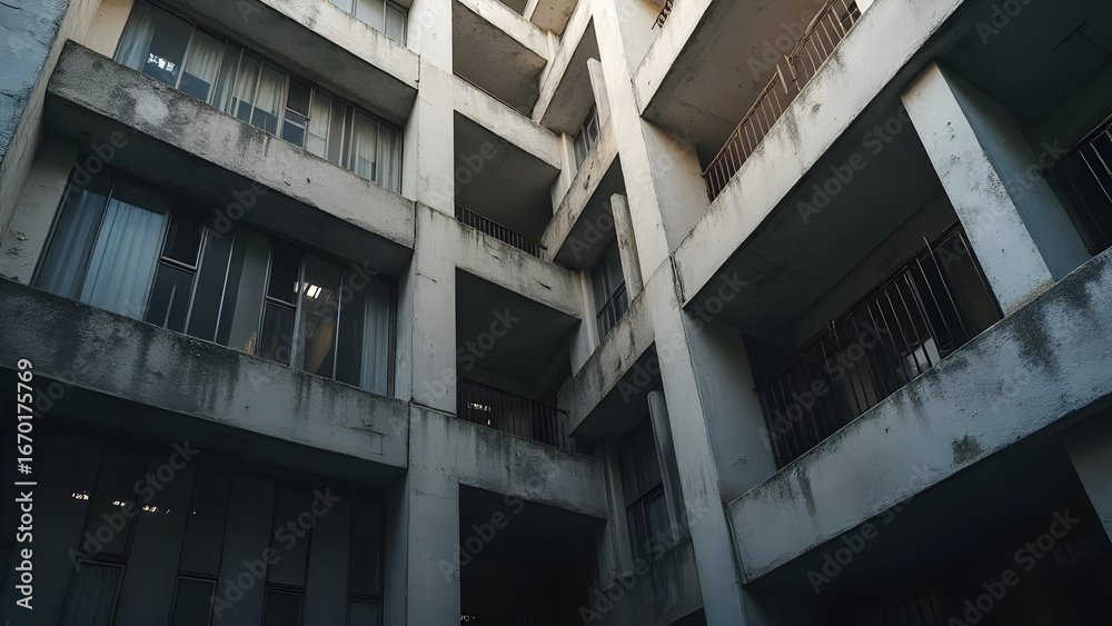 Fototapeta premium Brutalist Housing Project with Deep Window Recess Shadows