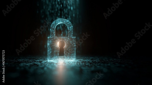 Digital padlock glowing with light particles against a dark, textured background, symbolizing data security and encryption