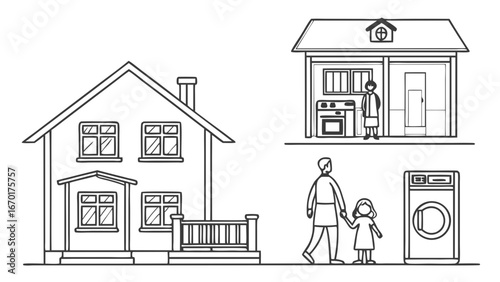 House with Outlines Various Sections Depicting Domestic Life Family Activities and Household Objects.