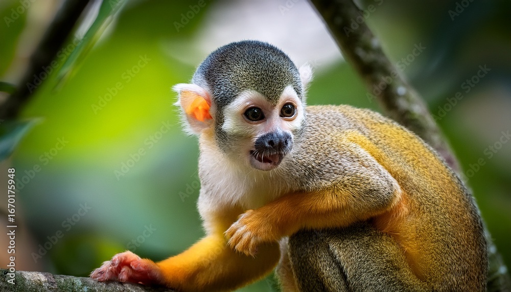 Fototapeta premium in costa rica a squirrel monkey is seen crouched on a tree branch