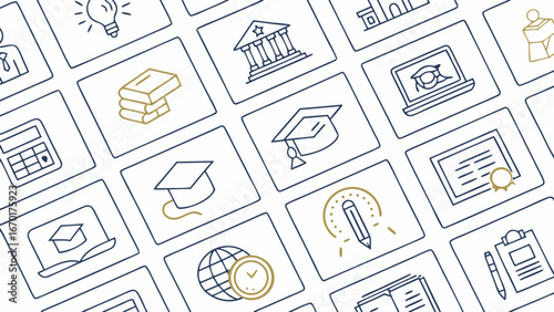 Education icons academic background graduation learning college university knowledge school study online course e-learning training webinar textbook diploma certificate degree research library global.