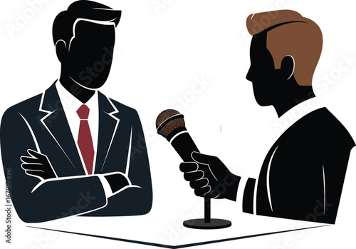 Business interview illustration, journalist with microphone, professional discussion vector, press conference graphic, reporter interviewing businessman, corporate communication art, news media icon