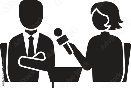 Business interview vector, journalist with microphone, press conference illustration, reporter interviewing businessman, corporate discussion graphic, news media communication, professional