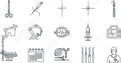 Isolated a Medical surgery line icon set. Vector pictograms of scissors, suture, incision, laparoscopy, robotic, injection, monitor, patient, schedule, equipment, procedure vector art silhouette .