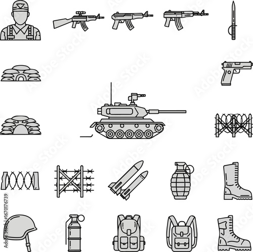 Isolated a Military, war line icon set. Vector pictograms of soldier, weapon, defense equipment, tank, missiles, grenade, combat gear, battlefield thin linear vector art silhouette.