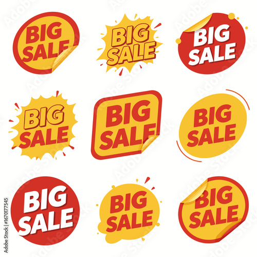 Collection of vibrant vector 'Big Sale' badges, stickers, and labels for various discount promotions