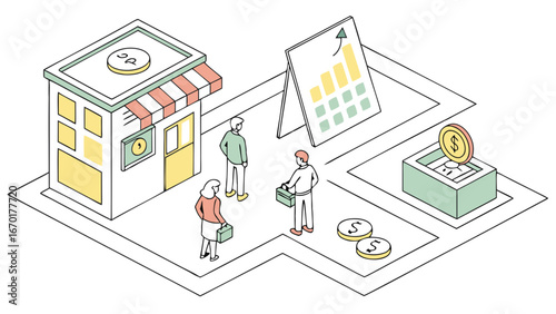 Isometric Illustration of Business Growth Financial Success and Retail Sales.