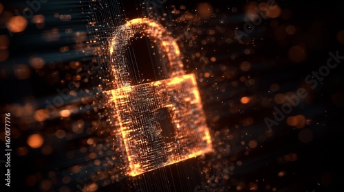 Cyber Security Lock Symbol Emerging from Digital Particles