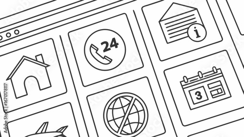 Website interface app design icons user interface UI elements online booking travel home calendar information 247 support airplane global restriction modern design flat design minimal design clean de.