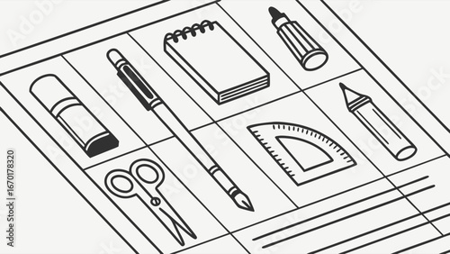 Stationery supplies school items office tools drawing equipment notepad pen pencil scissors protractor eraser marker vector illustration.
