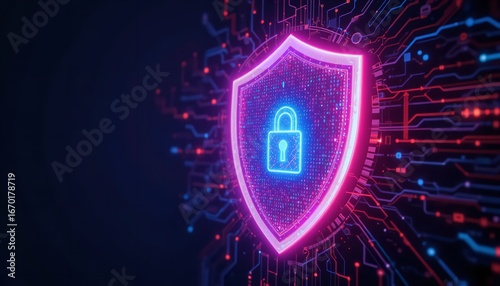Glowing shield and padlock cyber security protection on a dark background signify digital safety